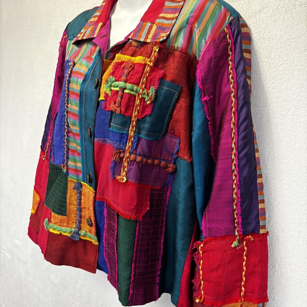 Coldwater Creek Patchwork Silk Blend Jacket Womens Large L Colorful Boho Hippie - Picture 3 of 16
